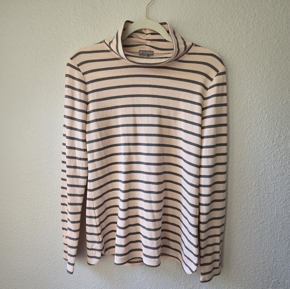 NWT T By Talbots Sz Small Waffle Blush Pink Olive Green Striped Longsleeve